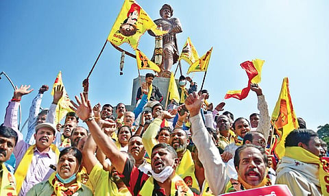 Kannada activists protest against vandalism in Belagavi district in front of the Sangolli Rayanna statue in Bengaluru on Sunday  | Shriram BN