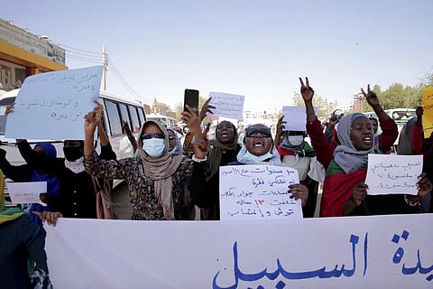 Women protesting against sexual violence, after U.N. called for an independent investigation into allegations of sexual violence during mass anti-coup protests in Sudan. (Photo | AP)