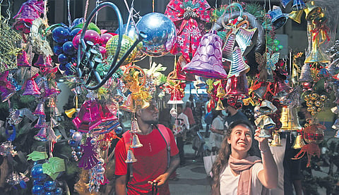 Glowing baubles and flamboyant bells... stores in Shivajinagar are brimming with decor items this Christmas season