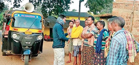 Villagers being sensitised about the approaching cyclone in tribal areas of Koraput’s Kundra block on Thursday, Dec2, 2021. (Photo  | Express)