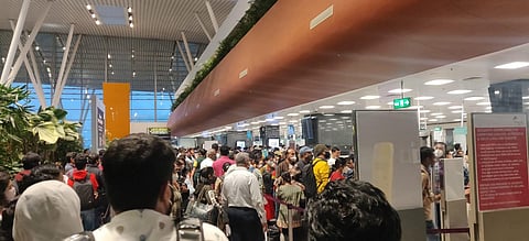Covid tests are being done for high-risk intl passengers at Auriga Research Centre inside the terminal of the Bengaluru airport. (Photo | Special Arrangement)