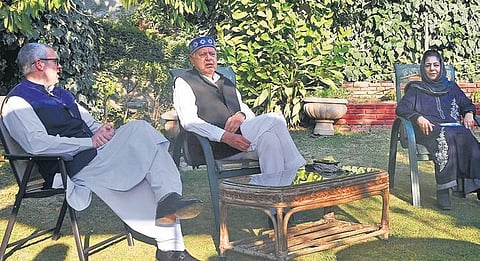 NC chief Farooq Abdullah along with his son Omar and PDP head Mehbooba Mufti during a meeting on the Gupkar Declaration, in Srinagar. (File Photo | PTI)