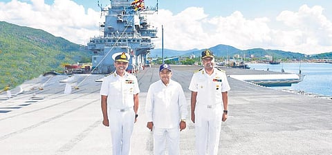 Governor Thawar Chand Gehlot on board the aircraft carrier INS Vikramaditya at the Seabird Naval base in Karwar on Saturday