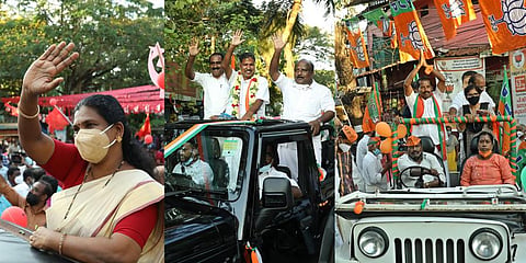 LDF candidate Bindu Sivan seeks votes. UDF workers (centre) and BJP activists (right) engaged in kottikkalasam on the last day of open campaigning for the bypoll for Gandhi Nagar division on Sunday.