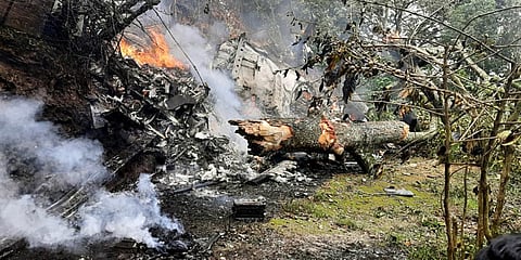 An IAF chopper with CDS General Bipin Rawat, his wife, and defence assistants crashed between Coimbatore and Sulur on Wednesday. (Photo| ANI)