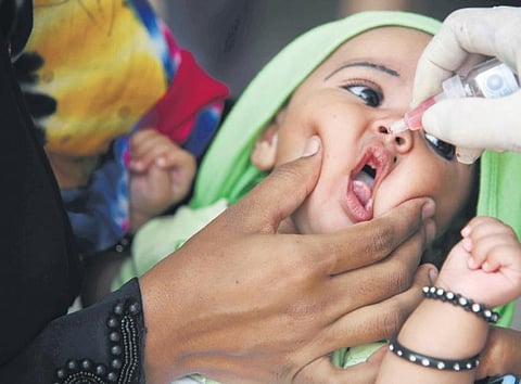 A child being administered polio drops.