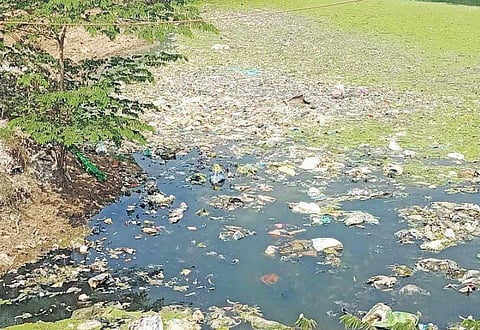 Putheri Lake at Pallavaram filled with waste causing it to smell foul and for the water to change colour | Express