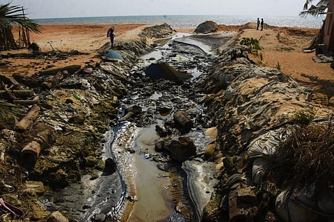 A drain that took the leaked oil from the furnace to the sea, near Travancore Titanium Products Ltd in Kochu Veli. (Photo | B P Deepu, EPS)