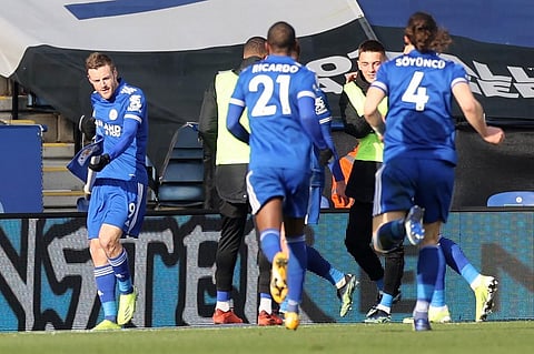 Leicester City striker Jamie Vardy (L) celebrates with teammates after he scores his team's second goal against Liverpool at King Power Stadium in Leicester, on February 13, 2021. (Photo | AFP)