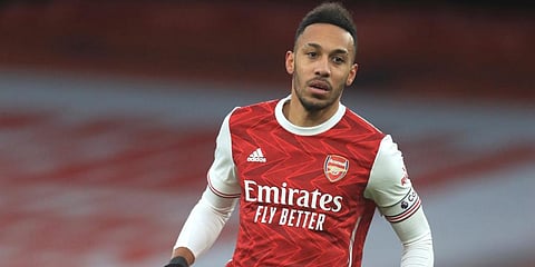 Arsenal striker Pierre-Emerick Aubameyang in action during the EPL match against Leeds United at the Emirates stadium in London. (Photo | AP)