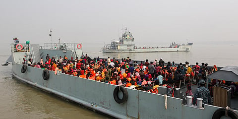 Rohingya refugees headed to the Bhasan Char island leave on navy vessels from the south eastern port city of Chattogram. (Photo| AP)