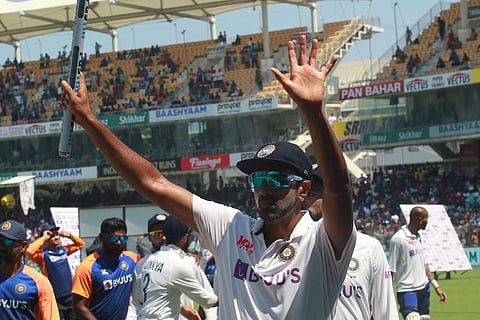 Indian player Ravichandran Ashwin with match stump waving  at the crowd in Chennai. (Photo | Twitter/@BCCI)