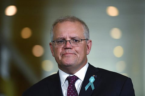 Australian Prime Minister Scott Morrison speaks at a press conference to discuss sexual assault allegations against a male staffer at Parliament House in Canberra. (Photo | AP)