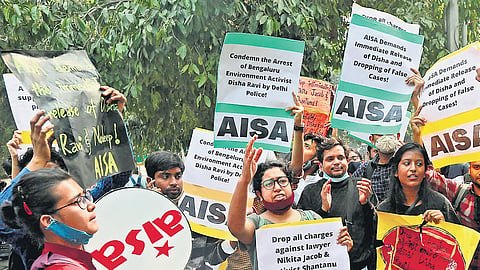 Students shout slogans against the arrest of climate activist Disha Ravi, outside Delhi Police headquarters. (Photo | Shekhar Yadav, EPS)