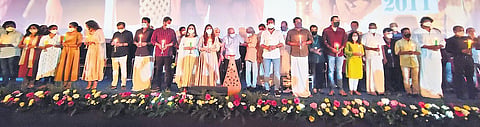 24 cine artistes, along with director K G George and Chalachitra Academy office-bearers Kamal and Beena Paul, at the inaugural ceremony of the Kochi leg of IFFK on Wednesday | A Sanesh