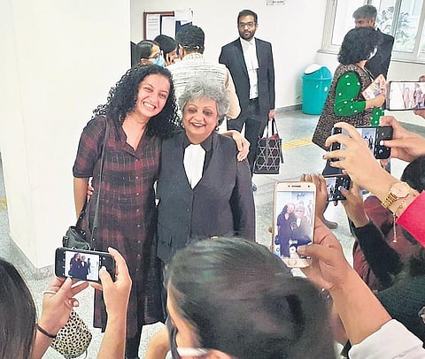 Priya Ramani and her lawyer Rebecca John after the court’s verdict | TWITTER