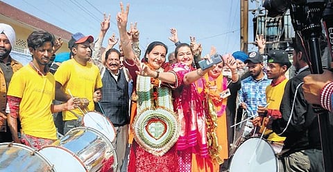 Congress candidate Baljinder Kaur Rinki celebrates her win in the municipal election in Punjab’s Patiala district on Wednesday | Pti