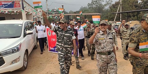 Dantewada SP Abhishek Pallava and his team with the Maoist cadres who renounced the LWE ideology. (Photo | EPS)