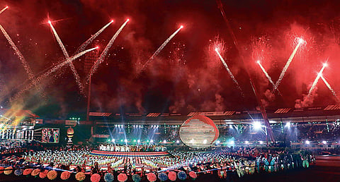 Fireworks light up the sky during the opening ceremony of the Odisha Hockey Men’s World Cup at Kalinga Stadium in Bhubaneswar (File photo| Irfana)