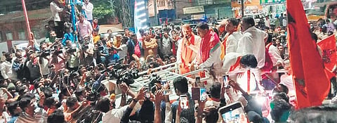 BJP State president Bandi Sanjay Kumar addressing a crowd at Borabanda on the occasion of Shivaji Maharaj Jayanti