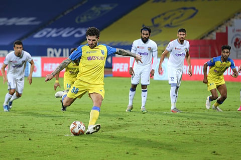 Gary Hooper of Kerala Blasters FC takes the penalty during the 7th season of the Hero Indian Super League between Kerala Blasters FC and Chennaiyin FC. (Photo | PTI)