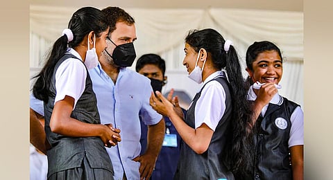 Congress leader Rahul Gandhi during an interaction with the students of Infant Jesus School, at Kenichira in Wayanad. (Photo | PTI)