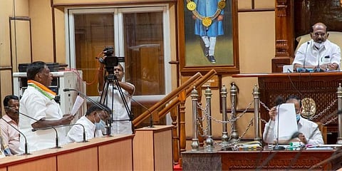 Puducherry CM V Narayanasamy speaks during the special Assembly session. (Photo | G Pattabiraman, EPS)