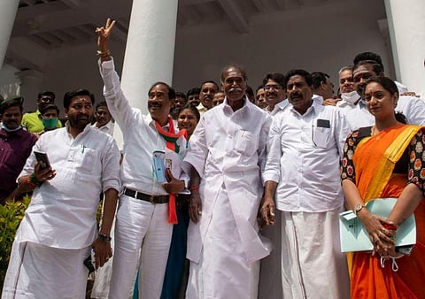 Puducherry opposition MLAs in jubiliant mood after the government fell on Monday (Photo | EPS/G Pattabi Raman)