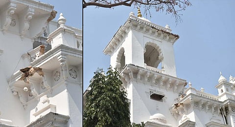 The damaged portion of the old assembly building in Hyderabad. (Photo | S Senbagapandiyan, EPS)