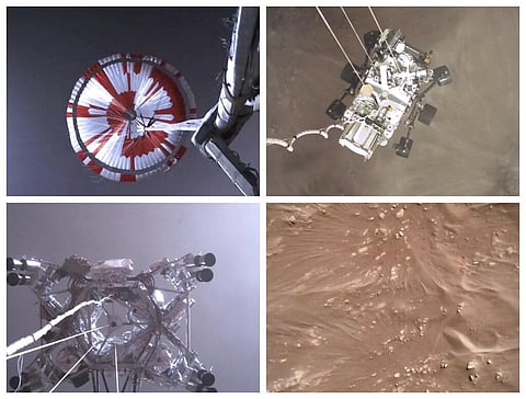 This combination of images from video made available by NASA shows steps in the descent of the Mars Perseverance rover as it approaches the surface of the planet. (Photo | AP)