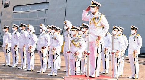 Rear Admiral Tarun Sobti at the naval base in Vizag on Wednesday. (Photo | EPS)