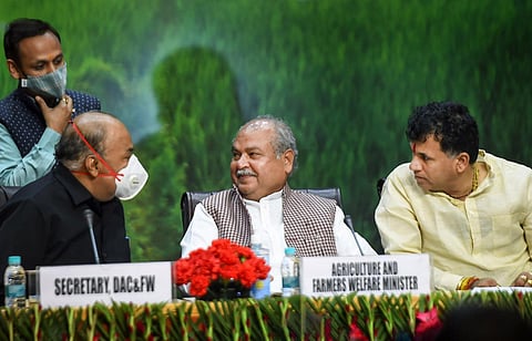 Union Minister of Agricultural and Farmers Welfare Narendra Singh Tomar during a function of the 2nd anniversary of 'Pradhan Mantri  Kisan Samman Nidhi Scheme', in New Delhi. (Photo | PTI)