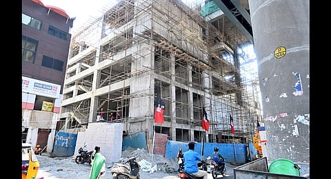 Construction work is going on at Theradi Metro station (Express Photo | Shradha A)