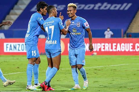 Bipin Singh Thounaojam of Mumbai City FC celebrates after scoring a goal. (Photo | PTI)