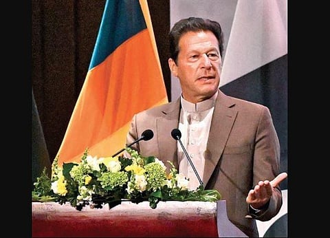 Pakistan Prime Minister Imran Khan addressing a conference in Colombo. (Photo | AFP)