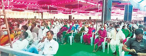 Rashtriya Swayamsevak Sangh chief Mohan Bhagwat at an event organised  by the Eklavya Foundation at Lingapur village in  Adilabad district.