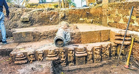 The frontal platform of Sari temple that was buried under a road, being excavated by ASI officials. (Photo | Biswanth Swain, EPS)