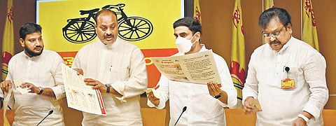 TDP MLC Nara lokesh releases party manifesto for the March 10 Municipal elections at Mangalgiri in Guntur district on Friday. (Photo | EPS/Prasant Madugula