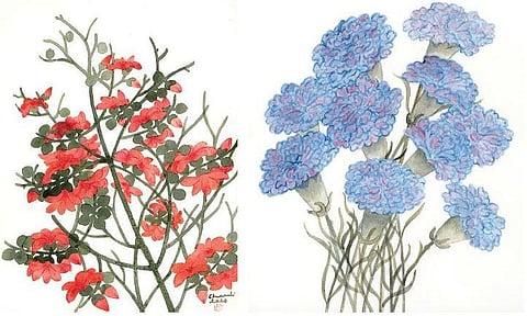 The flowers include orchids, Sthala Padma (Hibiscus mutabilis), simul (silk cotton), and various kinds of lilies.