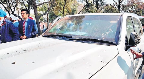 SAD president Sukhbir Singh Badal’s vehicle was attacked in Jalalabad allegedly by Congress workers on Tuesday. (Photo | PTI)