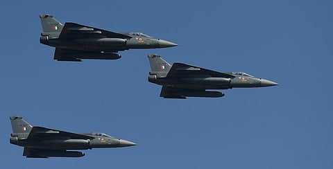 The HAL Tejas during the Aero India 2021 rehearsal at the Yelahanka Air Force station in Bengaluru. (Photo | Ashishkrishna HP, EPS