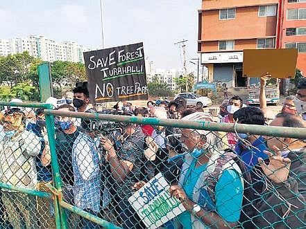 Residents stage a protest against more tree parks in Turahalli forest 