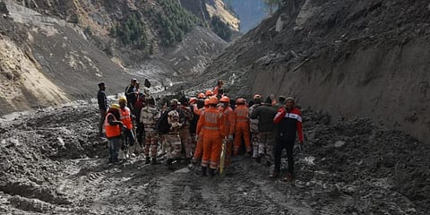 Rescue operations underway near the damaged Dhauliganga hydropower project after a glacier broke off in Joshimath causing a massive flood in Chamoli of Uttarakhand. (Photo | Shekhar Yadav, EPS)
