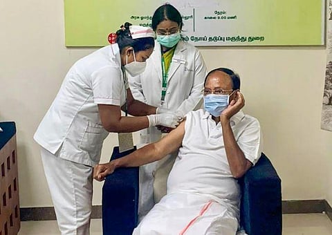 M Venkaiah Naidu also shared pictures of him getting vaccinated. (Photo | PTI)