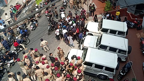 Students barricading the office of the lady IAS officer in Aizawl. (Photo | Special arrangement)