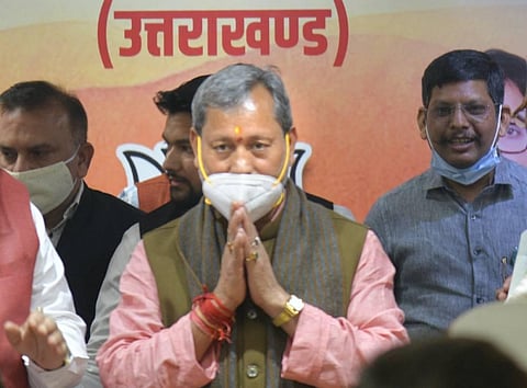 BJP leader Tirath Singh Rawat after being elected as the new Chief Minister of Uttarakhand in Dehradun Wednesday March 10 2021. (Photo | PTI)