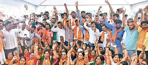 Members of the Panchamasali Lingayat community held a protest at Freedom Park in Bengaluru, demanding reservation, on February 22 | FILE