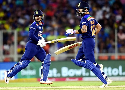 Virat Kohli and I Kishan run between the wickets during second T20 cricket match between India and England. (Photo | PTI)
