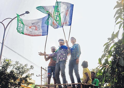 YSRCP activists celebrate party’s victory in the municipal corporation elections in Visakhapatnam on Sunday. (Photo |  I G Satyanarayana, EPS)