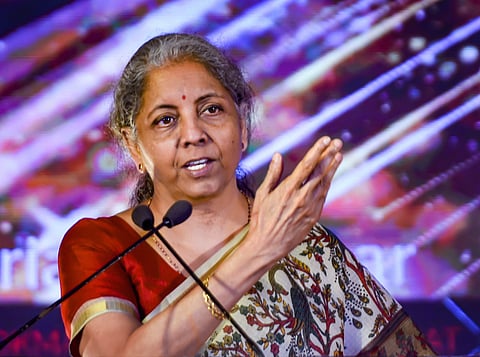 Union Finance Minister Nirmala Sitharaman addresses a gathering at 'Lokmat Maharashtrian of the Year Award 2020' function in New Delhi on Tuesday. (Photo | PTI)